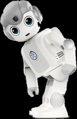 The Alpha Mini humanoid robot, white and gray, with large blue eyes