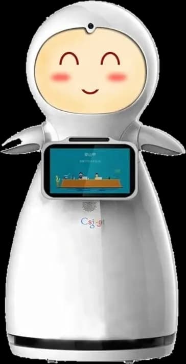 The EduRobot robot, with a smiling face on its screen and a tablet on its chest