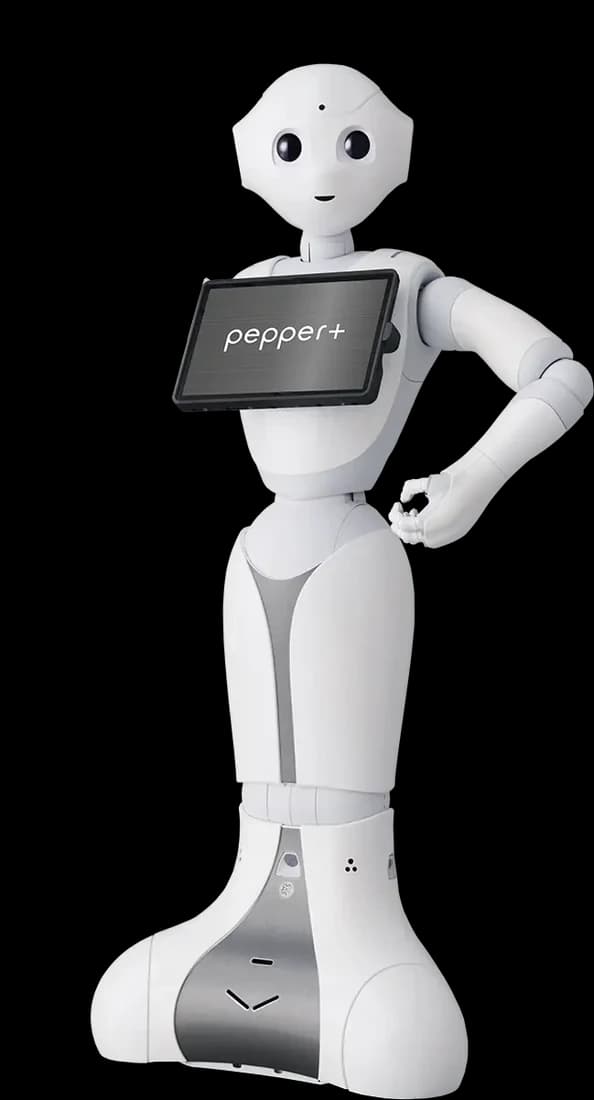 The Pepper+ robot waving, with the new 11-inch tablet on its chest