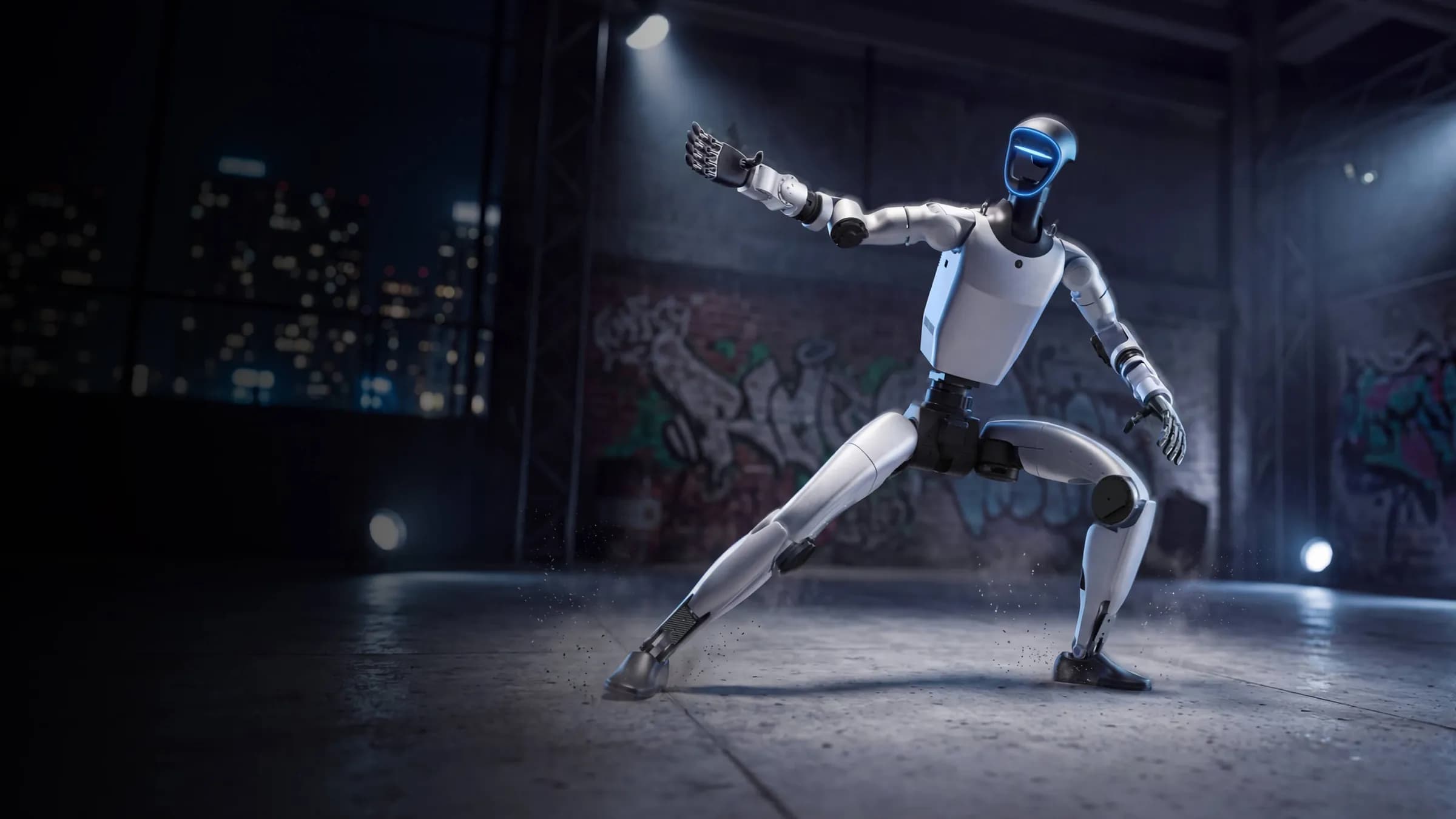The Unitree G1+ in a martial arts pose, on a stage lit by spotlights