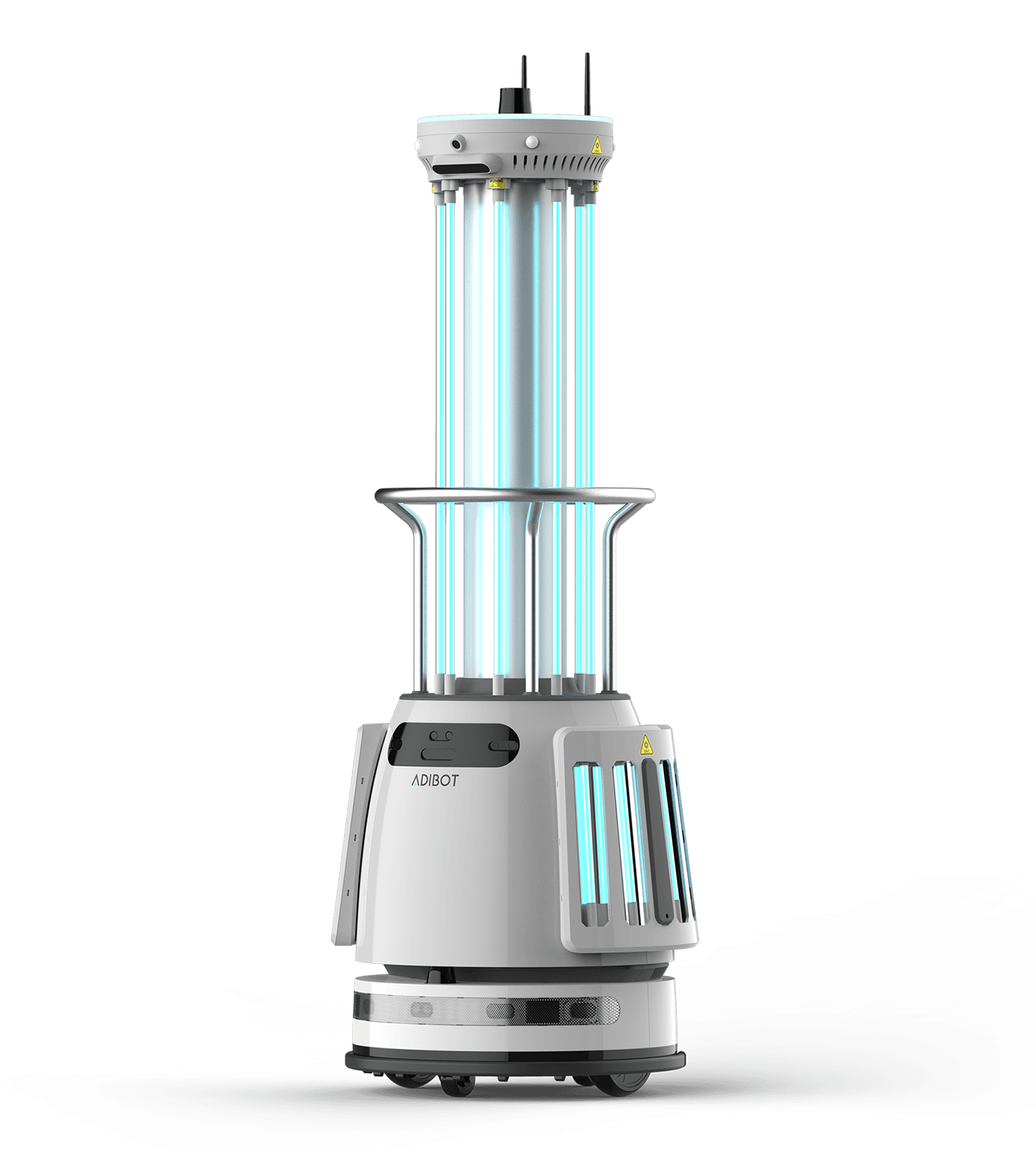 Der Desinfektionsroboter UBTECH Adibot-A mit eingeschalteten UV-C-Lampen