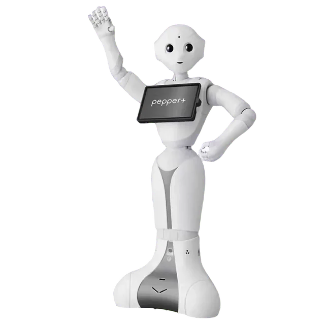 The Pepper robot waves and presents its tablet