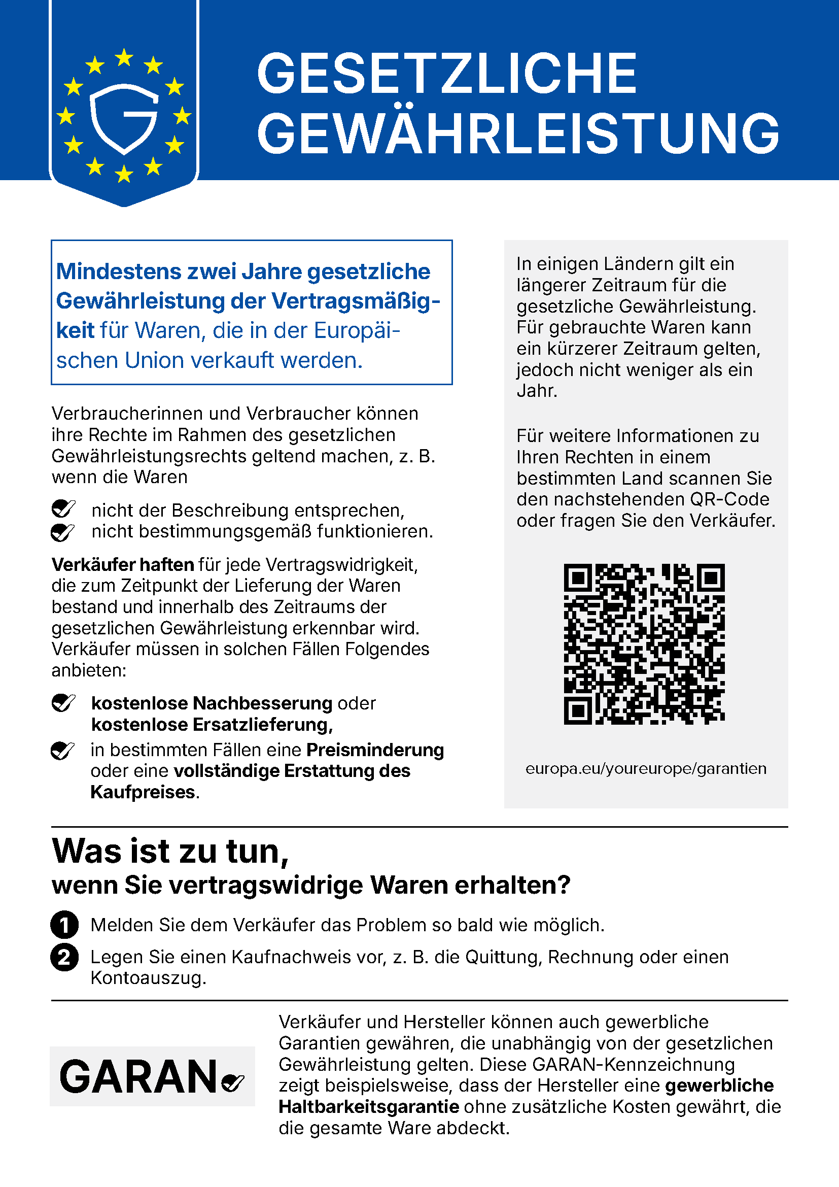 Harmonisierter Hinweis der Europäischen Union zur gesetzlichen Gewährleistung wegen Vertragswidrigkeit