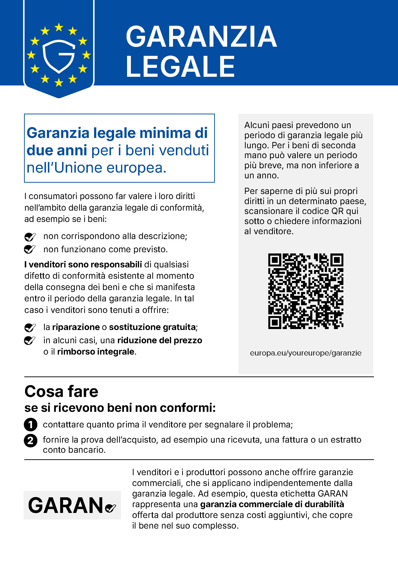 Avviso armonizzato dell'Unione europea sulla garanzia legale di conformità