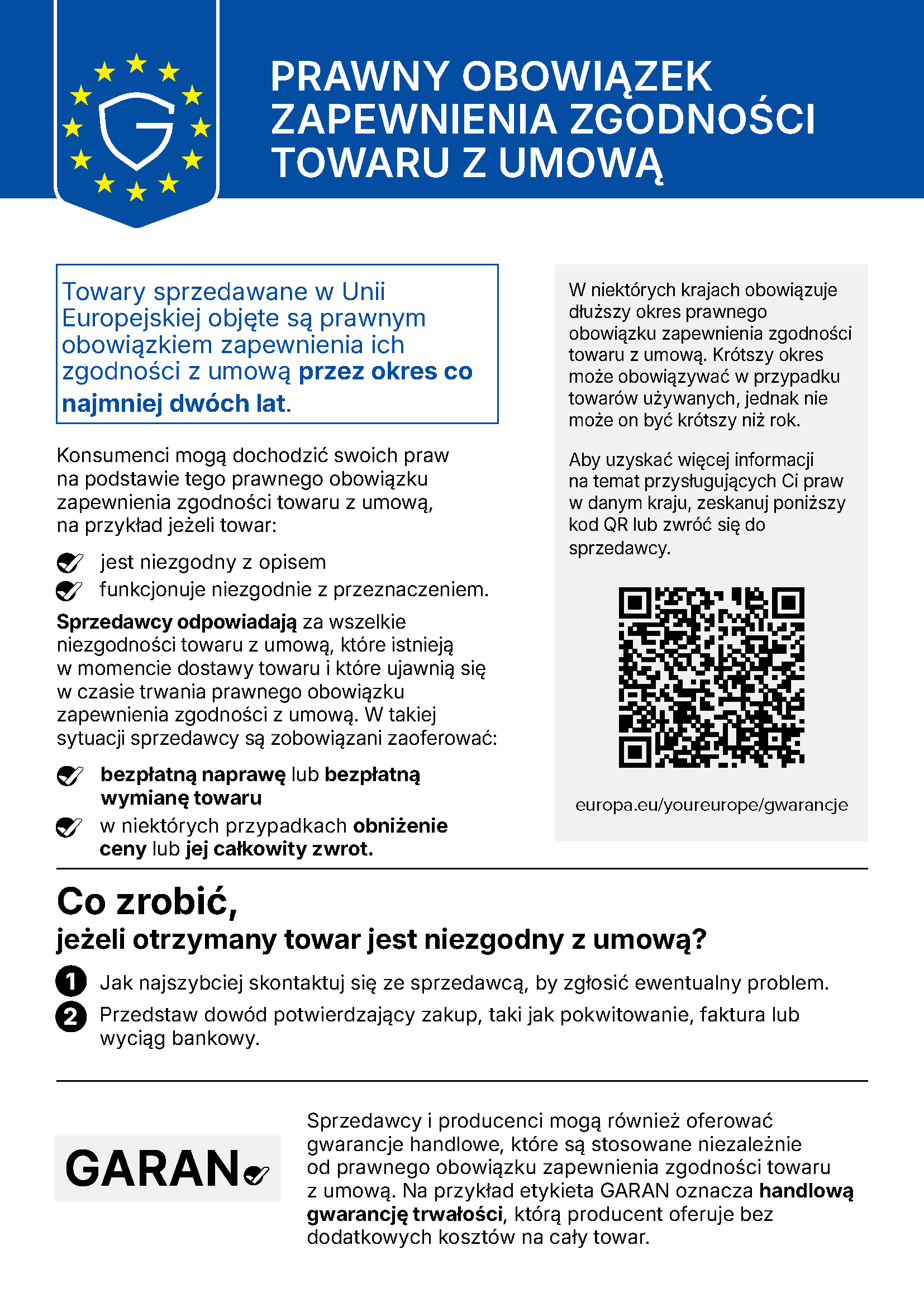 Zharmonizowana informacja Unii Europejskiej o ustawowej gwarancji zgodności